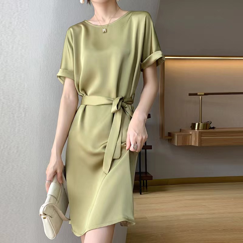 100% short sleeve acetate dress with a belt on the waist for Ladies in Light Green