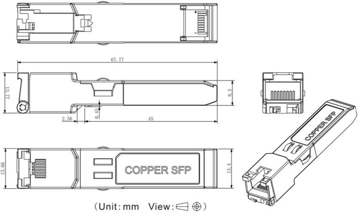 Dimensões mecânicas do transceptor 1G SFP RJ45