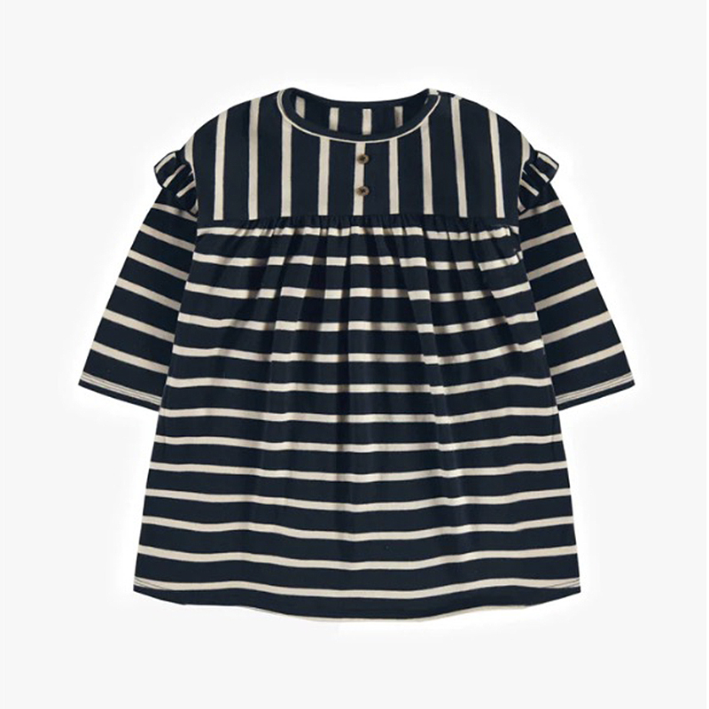 Striped Navy And Cream Dress With Long Sleeves In Stretchy Jersey, Baby