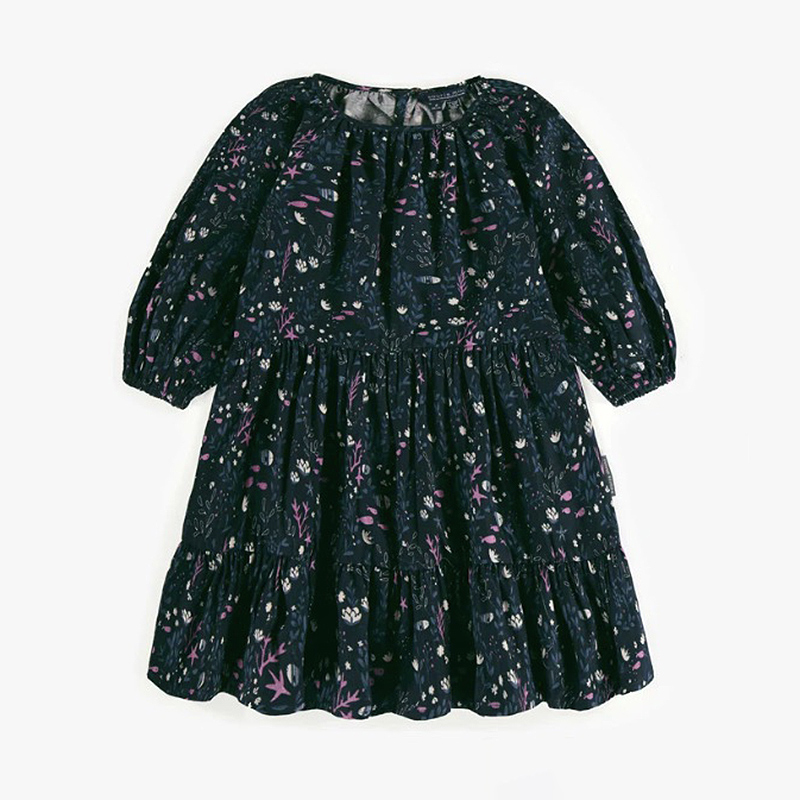 Navy Dress With Seabed Print In Viscose, Child