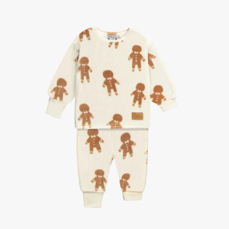 Crèmekleurige eendelige pyjama met all-over print van gembermannen van zachte fleece, kind