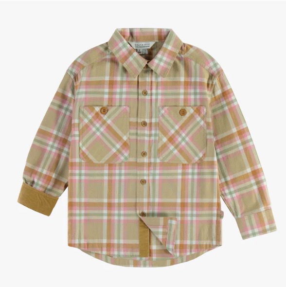 Beige And Pink Checkered Shirt In Brushed Twill, Child