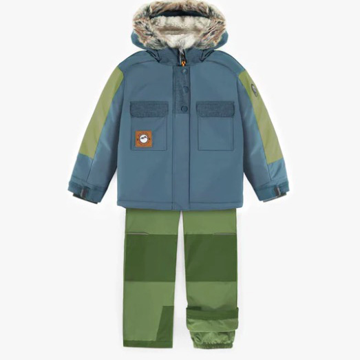 Blue And Green Two-Piece Snowsuit With Fur Hood, Child