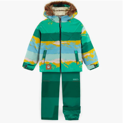 Green and Yellow Snowsuit With a Print and Faux Fur Hood, Child