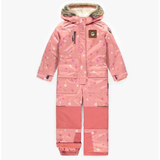 Mono para la nieve de una pieza rosa claro con estampado y capucha de pelo sintético, niño