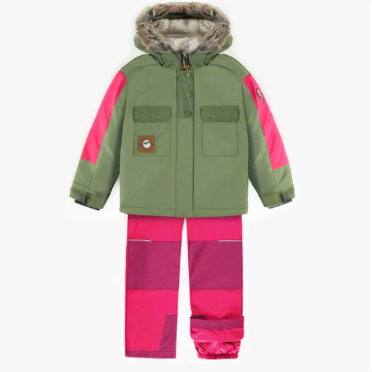 Dwuczęściowy kombinezon zimowy z futrzanym kapturem w kolorze zielono-różowym, dziecięcy