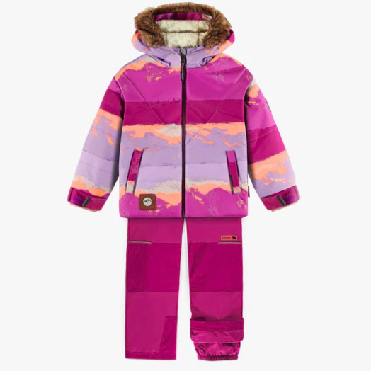 Two-Piece Fuchsia Pink And Lilac Snowsuit With A Print And Faux Fur Hood, Child
