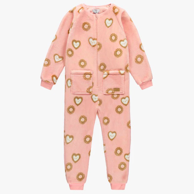 Bộ Pyjama một mảnh màu hồng có in hình bánh quy bằng lông cừu mềm mại, trẻ em