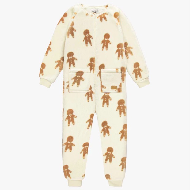 Crèmekleurige eendelige pyjama met all-over print van gembermannen van zachte fleece, kind