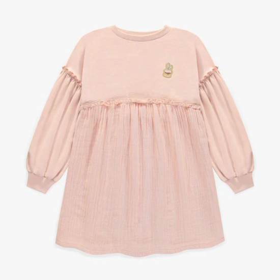 Pink Long Sleeved Dress In French Terry And Muslin, Child