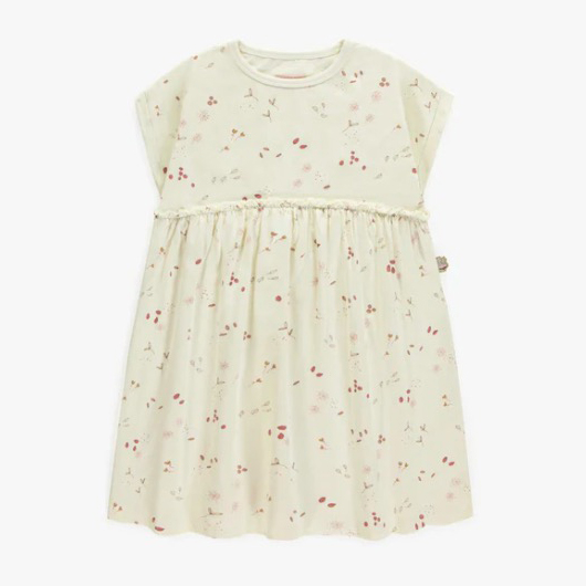 Cream Short Sleeved Dress With Burgundy Pattern In Cotton, Child
