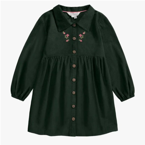Dark Green Dress With Embroideries In Corduroy, Child