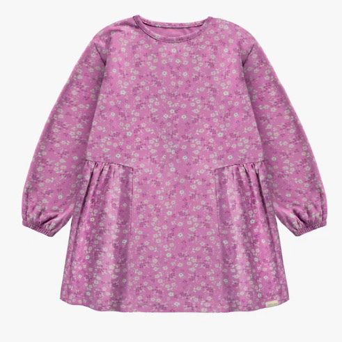 Purple Flowery Dress Of Flared Fit And Long Sleeves In Jersey, Child