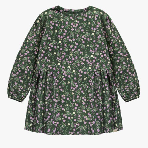 Dark Green Flowery Dress Of Flared Fit And Long Sleeves In Jersey, Child