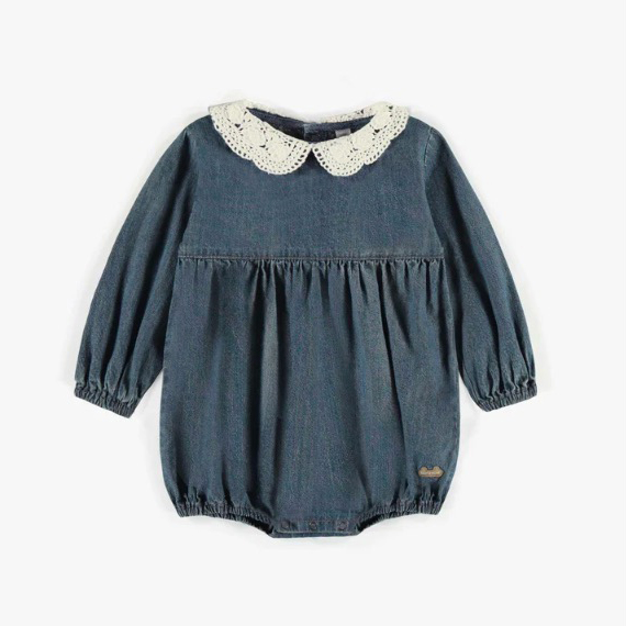 Puffy One-Piece With Long Sleeves and a Collar In Light Denim, Newborn