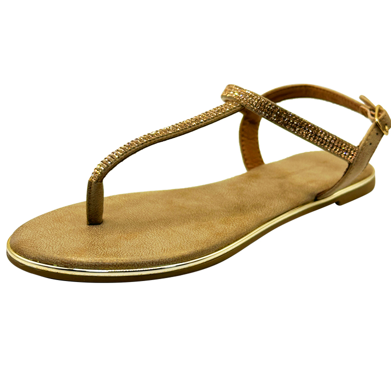 Women’s T-Strap Rhinestone Glitter Stretch Slingback Flat Sandal