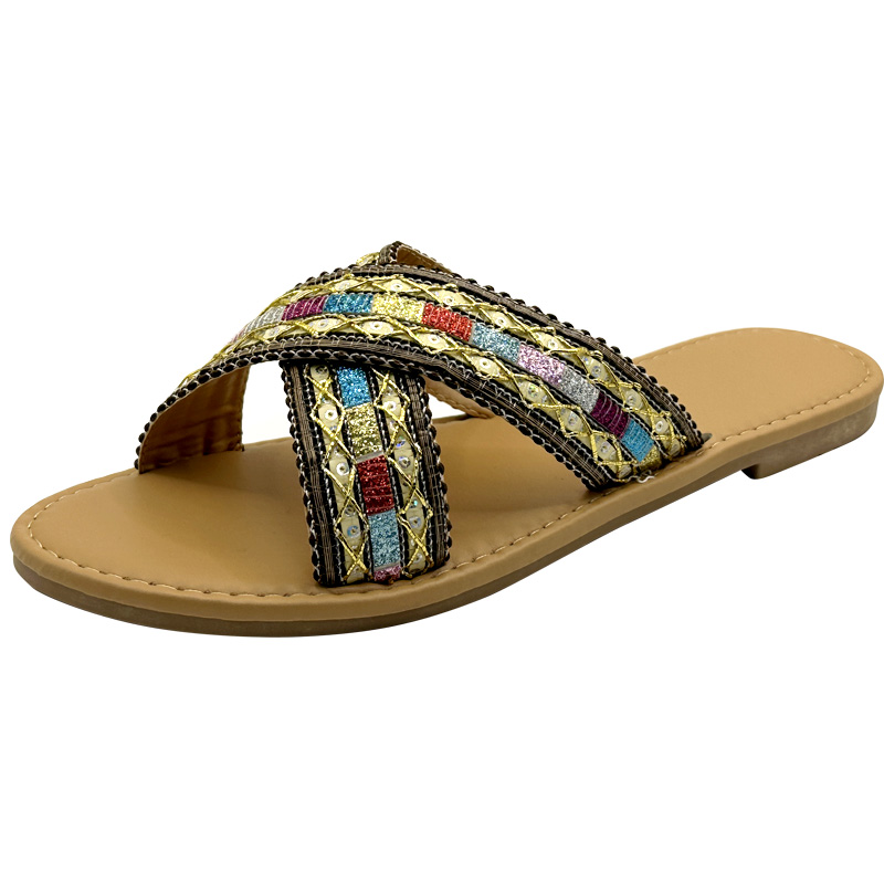 Woven Crossover Strap Embroidered Flat Sandals