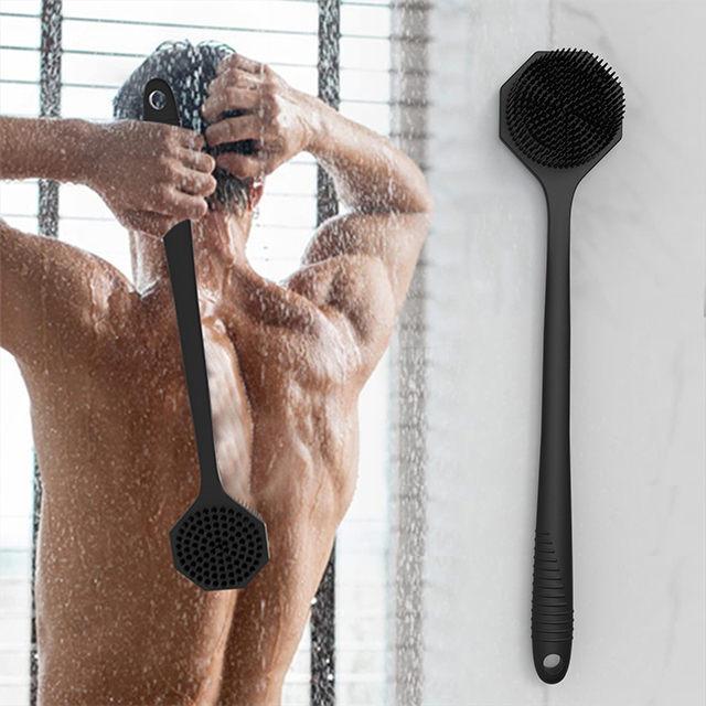Cepillo y depurador de ducha traseros de silicona con mango extendido octogonal: cuidado suave de la piel, limpieza profunda