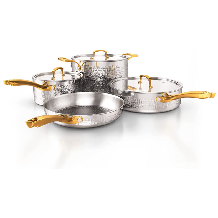 7 pcs Hammed design triply stainless steel cookware set with honeycomb inner coating