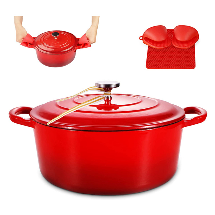 Factory 24cm Christmas red color enameled coating cast iron dutch oven pot with silicone handle
