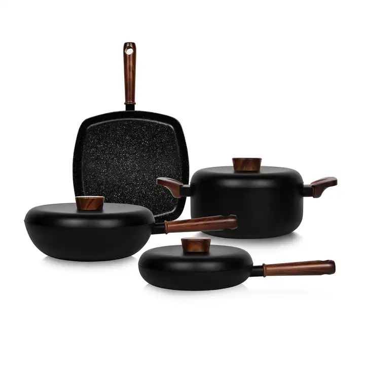 Juego de utensilios de cocina de aluminio prensado de color cerámico negro Proshui de 7 piezas con mango de baquelita pintada de madera