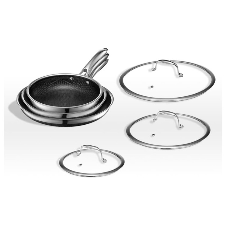 Набор из 3 сковородок из нержавеющей стали с сотовым внутренним покрытием, тройной набор сковород со стеклянной крышкой