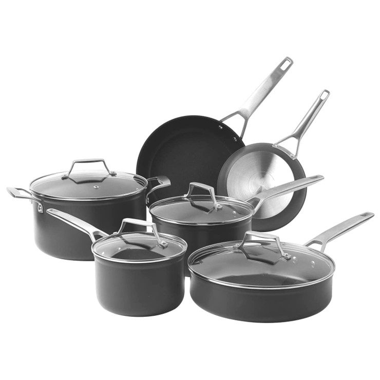 Proshui 10 buah peralatan masak bawah induksi penuh lapisan anti lengket aluminium warna hitam dengan pegangan baja tahan karat