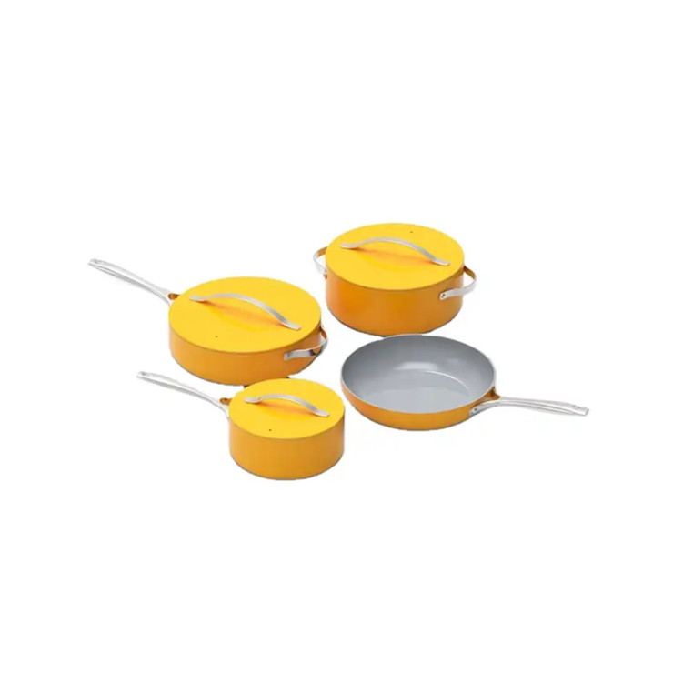 7 szt. Zestaw naczyń kuchennych dostosowanych fabrycznie, w kolorze żółtym. Garnki i patelnie z aluminiową powłoką nieprzywierającą i aluminiową pokrywką