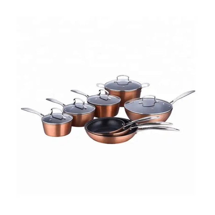 Factory cookware set forged copper color Aluminum non stick coating hammed pots and pans with stainless steel handles