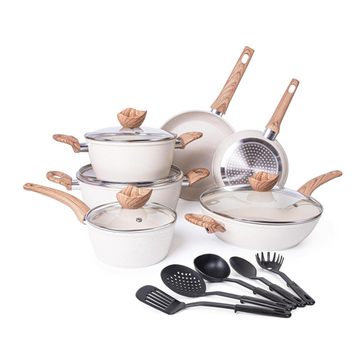 15 pcs die casting aluminum cookware set customized Aluminum non stick coating pots and pans with wooden painted handle