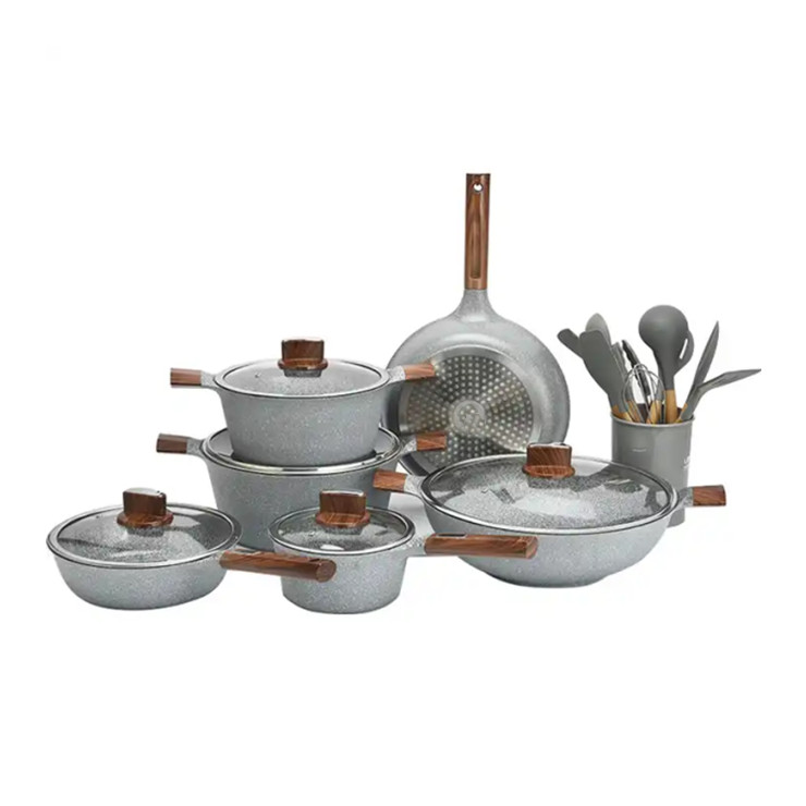 Set peralatan masak aluminium die cast lapisan batu keramik yang unggul dan elegan dengan gagang kayu busur