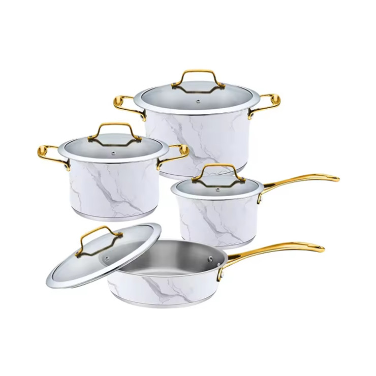 Marble printed Professional Tulip shape non stick stainless steel cookware set 8 pcs cooking pot set