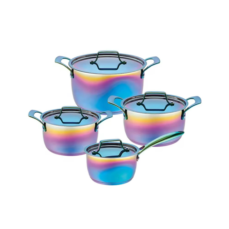 Wholesale 8pcs kitchenware cookware conical shape stainless steel cooking pots and pans set with PVD rainbow plated