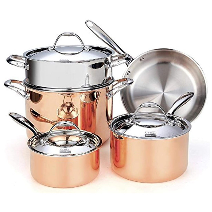 Germany Luxury 8 pcs straight shape 3 layers copper core Stainless Steel Pots And Pans Cookware Set Kitchen Cooking Pot for all stove