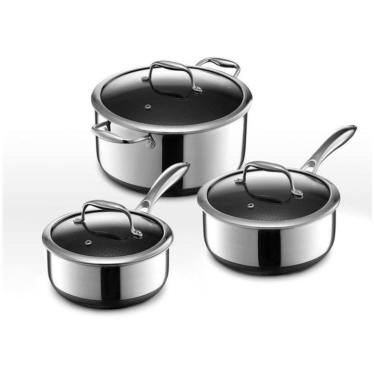 6 pcs Aluminum Alloy triply stainless steel cookware set honeycomb coating stock pot and sauce pan set with glass lid