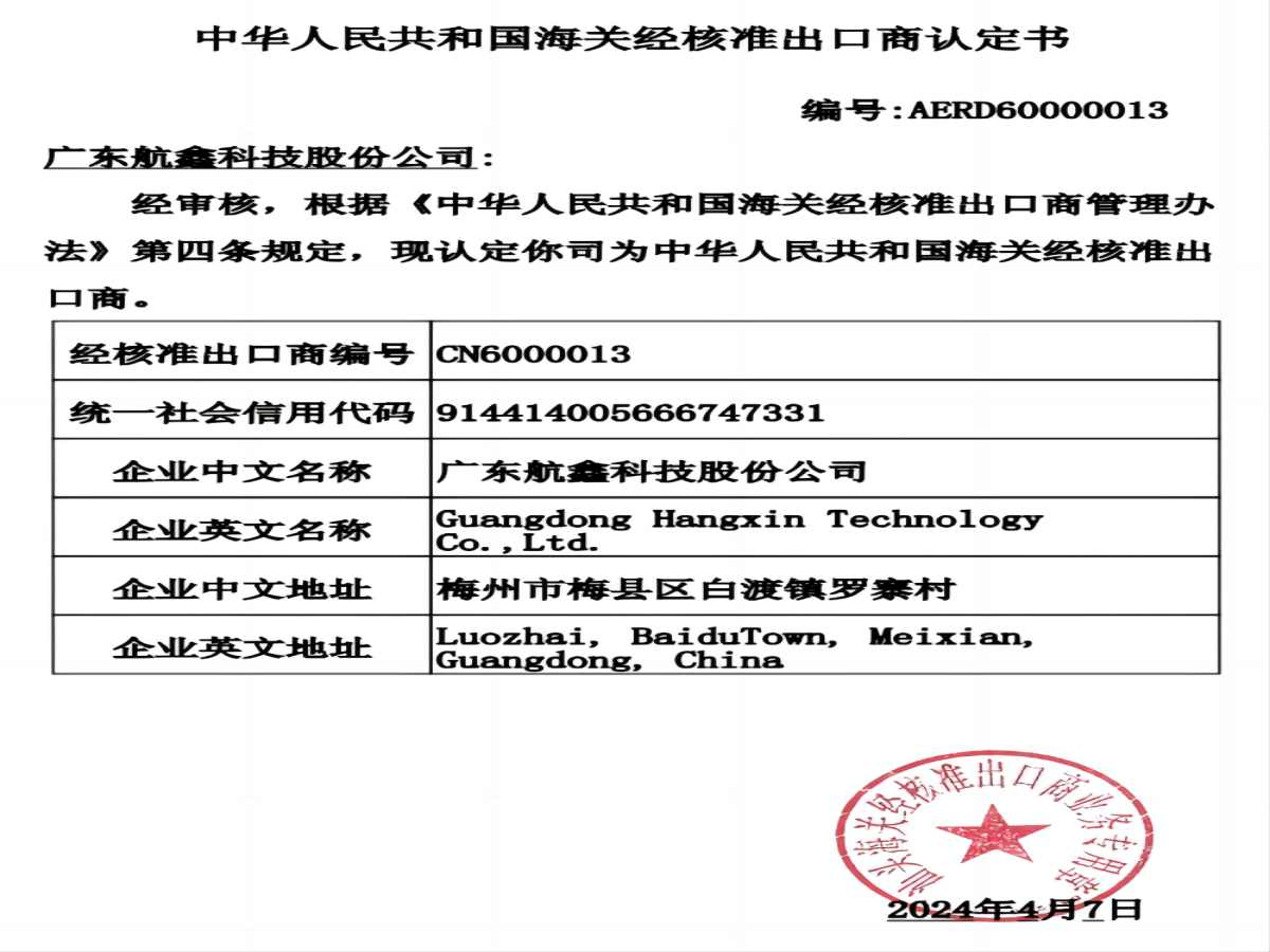 Good news about the certificate of "Approved Exporter Recognition Qualification" of Hangxin Technology