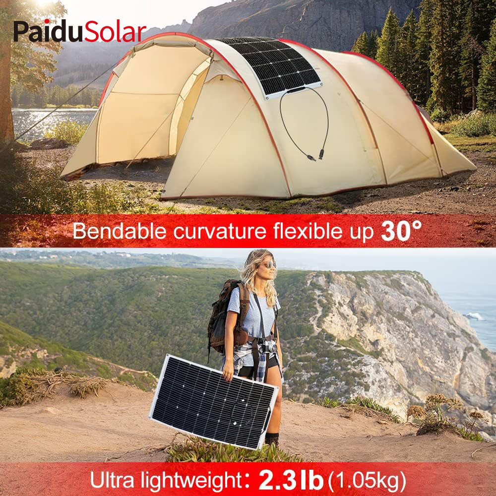 PaiduSolar 100W 12V bøjeligt semi-fleksibelt solpanel til campingvogn RV Bådcamper Trailer_6dst