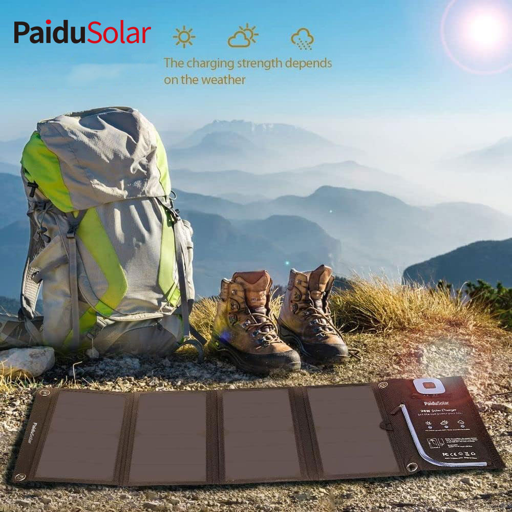 PaiduSolar 3 Porthladdoedd USB 28W Gwefrydd Solar IPX4 Panel Solar Cludadwy Gwrth-ddŵr Ar gyfer Camping_69wa