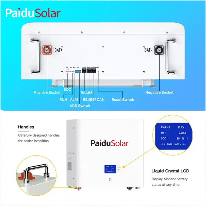 PaiduSolar LiFePO4 Litijeva baterija Stenska 48v 200ah 10kwh Domači sistem za shranjevanje energije za sončno energijo_5iuu