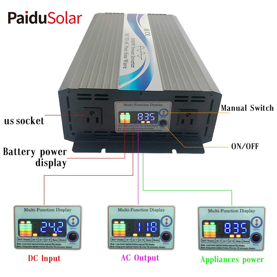 PaiduSolar 3000W Off Grid Power Inverter 24V DC Biex 110V 120V AC Pura Sine Wave Konvertitur 60HZ_5jv7