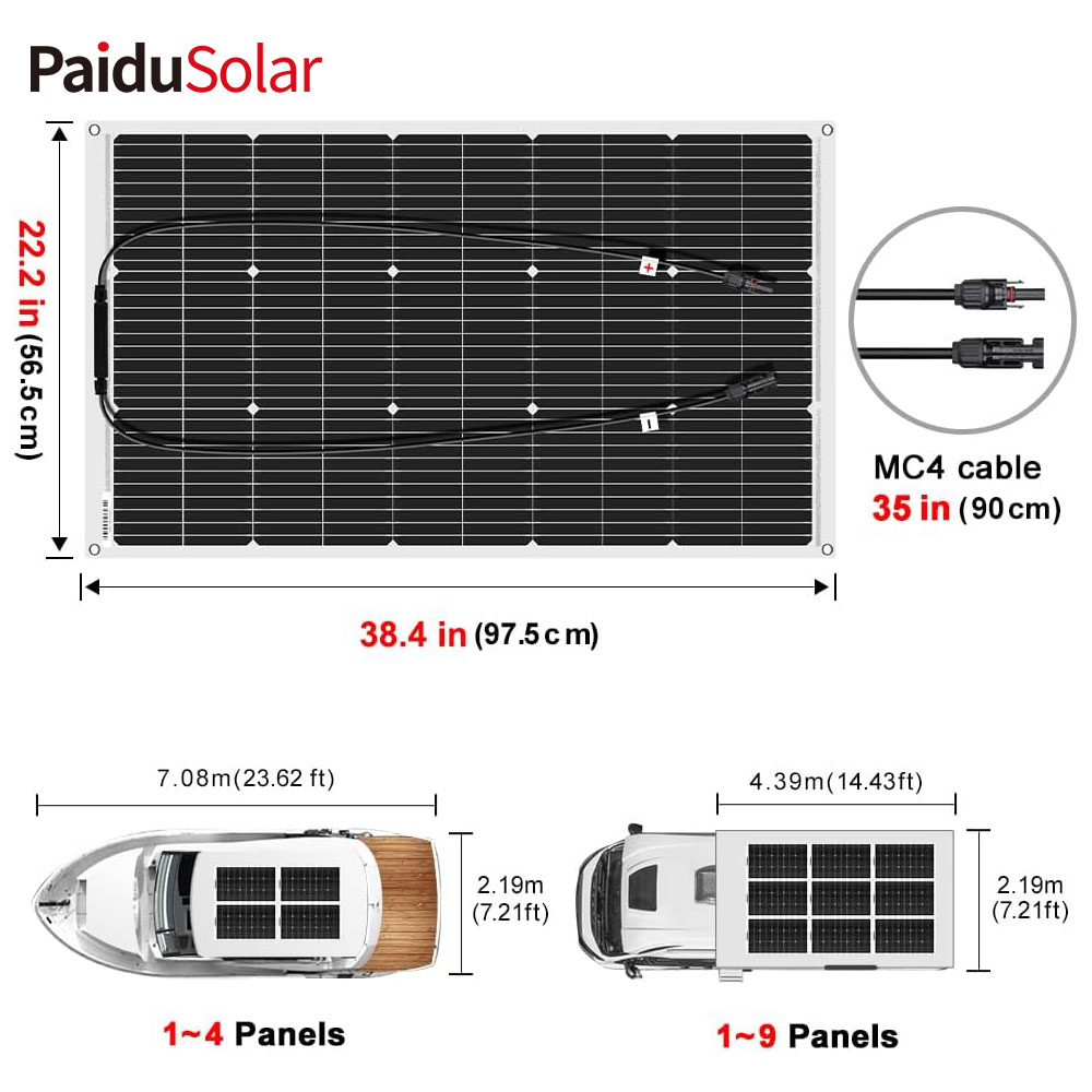 PaiduSolar 100W 12V bøjeligt semi-fleksibelt solpanel til campingvogn RV Bådcampertrailer