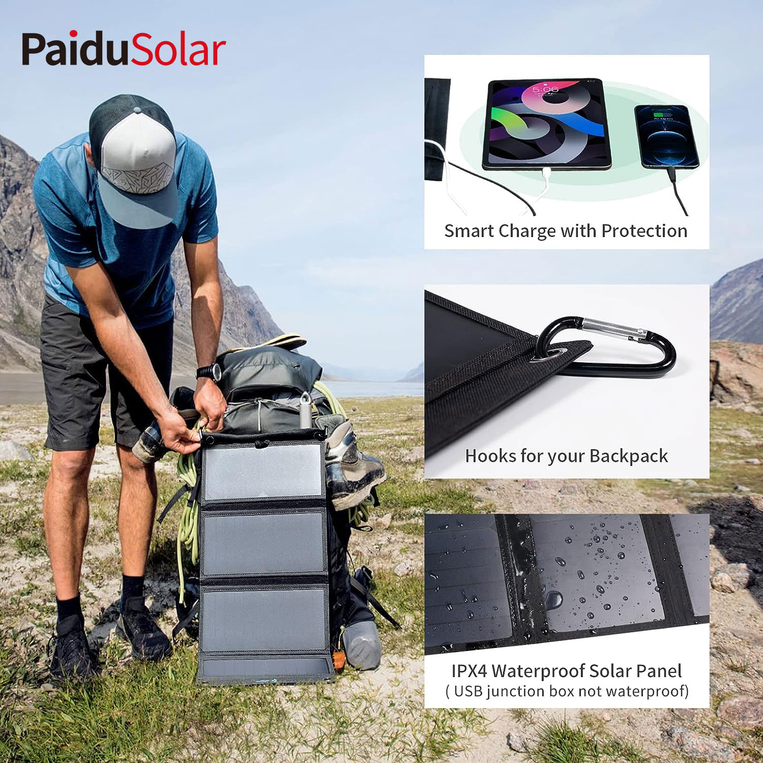PaiduSolar 3 USB Ports 28W Solar Charger IPX4 Waterproof Portable Solar Panel For Camping