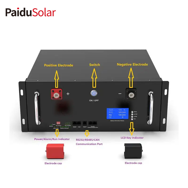 PaiduSolar hjemmebatteri 20kwh 48v 400ah LiFePO4 rackmonteret energiopbevaringsskab