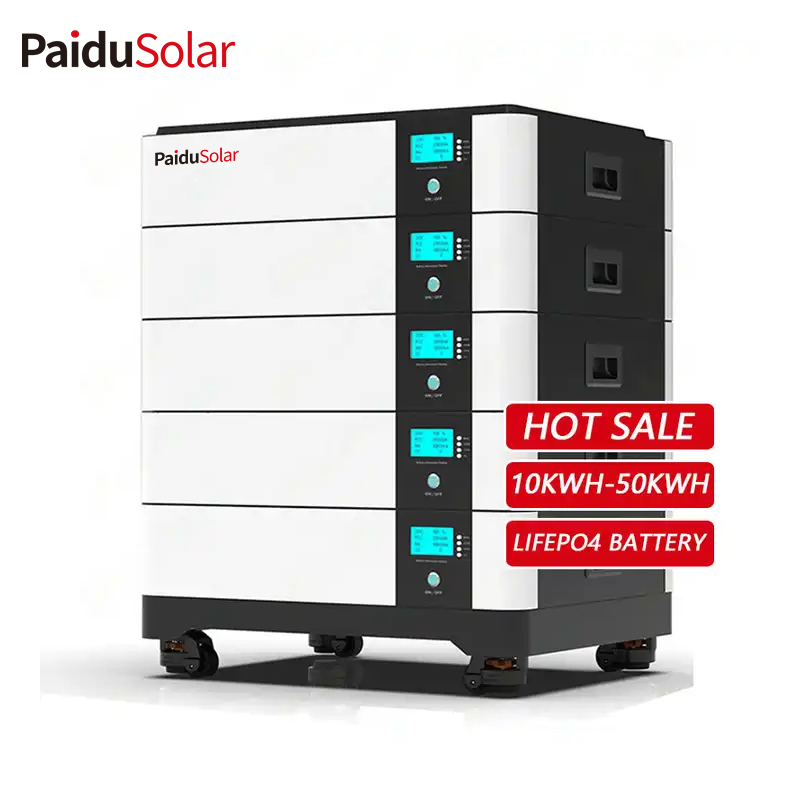 PaiduSolar Rack-დამონტაჟებული სახლისთვის მზის ენერგიის სისტემა 48V ლითიუმის ბატარეის პაკეტი LiFePo4 200ah 51.2v