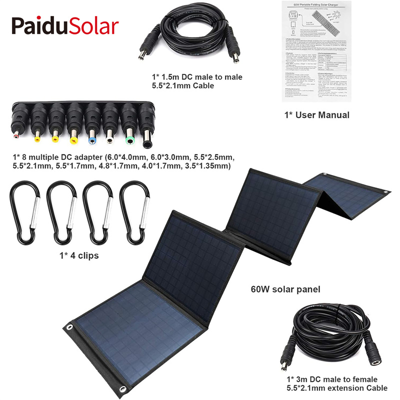 PaiduSolar foldbart solpanel 60W bærbare solpaneler til camping mobiltelefon tablet og 5-18V...