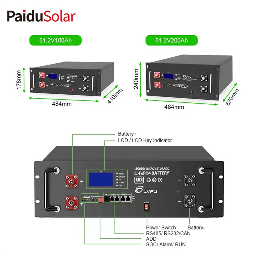 PaiduSolar 48V 200Ah LiFePO4 стойкага орнотулган батарея 10kwh Күн энергиясын сактоочу батарея