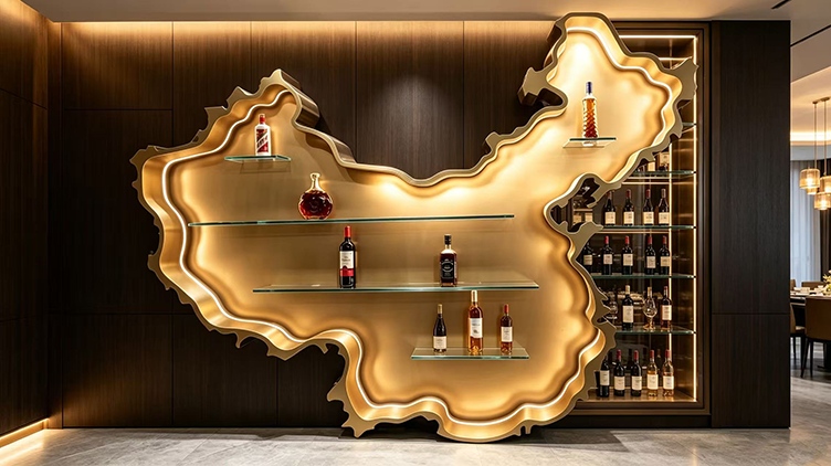 Luxury brushed golden stainless steel wine cabinet shaped like China map outline