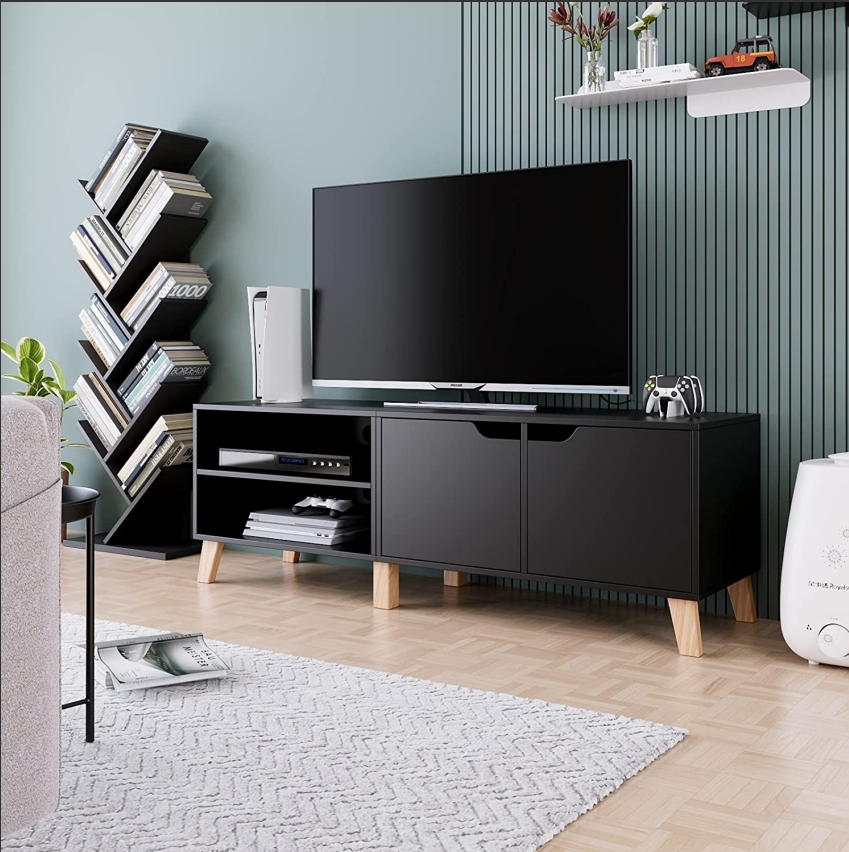 Particleboard TV Cabinet with 2 Doors and 2 Open Partitions，Living room wooden furniture