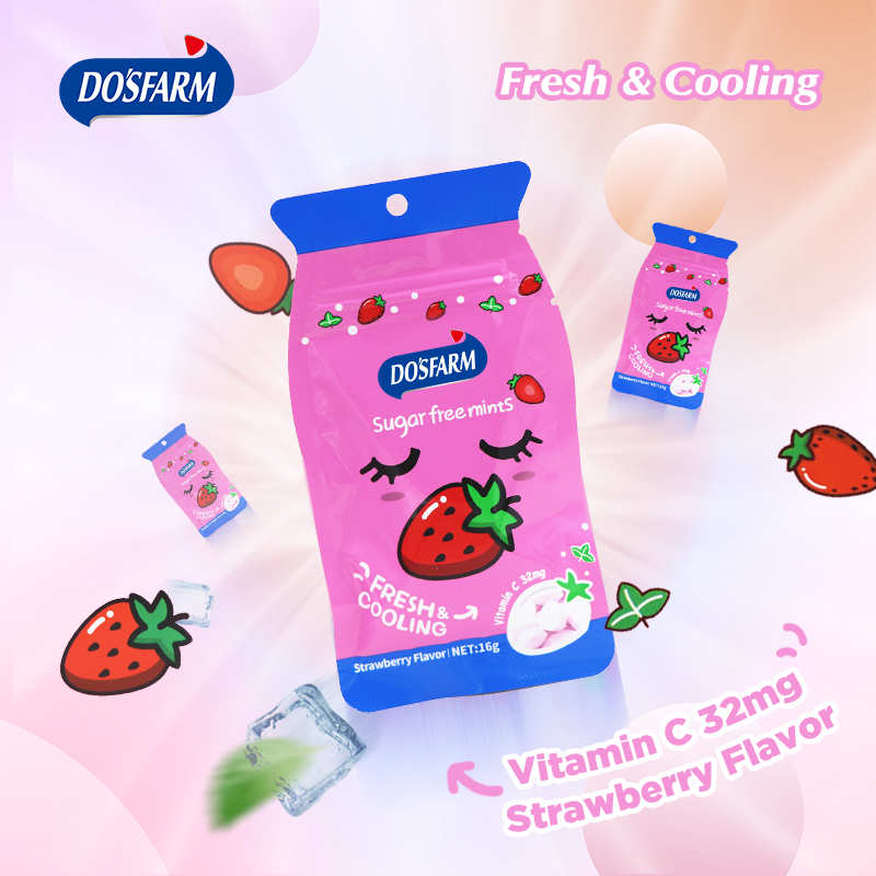 DOSFARM OEM Kompriméiert Strawberry Mint Candy Fir Fëmmen Breath Cooling 16g Company