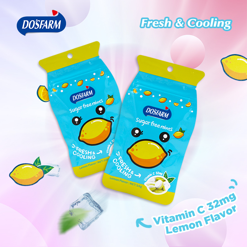 DOSFARM a adapté les besoins du client à la sucrerie à la menthe de fruit de saveur de citron avec la sucrerie saine 16g de vitamine C pour des revendeurs
